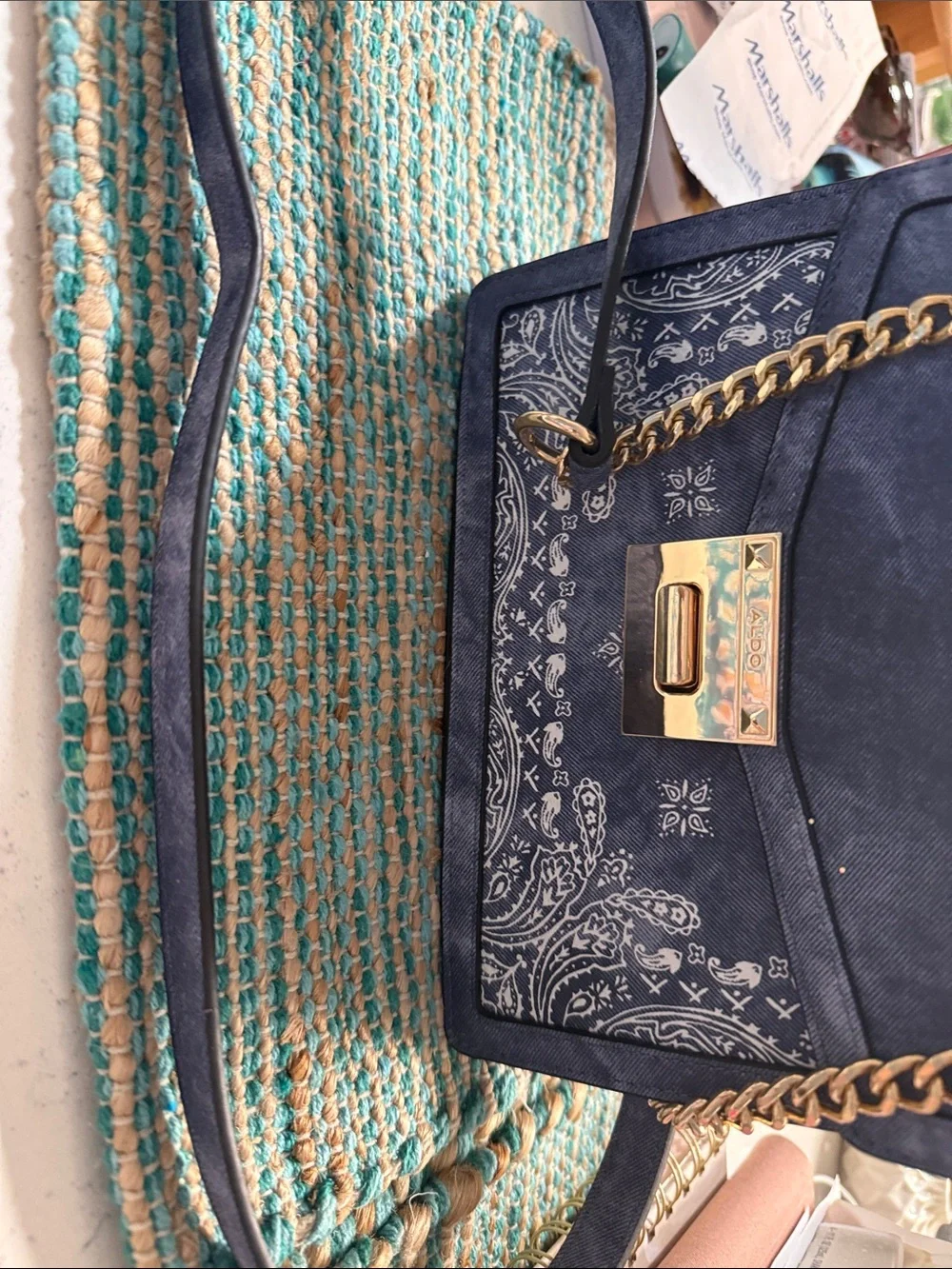 🌷NEW🌷ALDO Navy Bandana-Print Top-Handle Satchel with Gold Chain